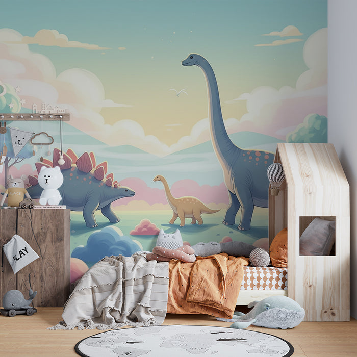 Kids room wallpaper | Värviline dinosauruse tapeet eelajaloolises maastikus