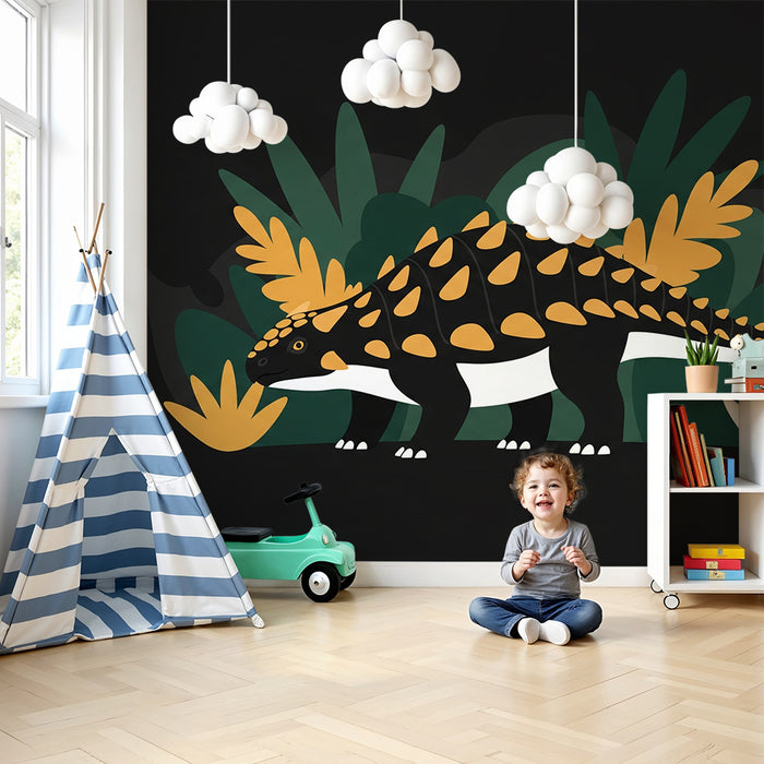 Gyermekszoba tapéta | Színes dinoszaurusz egy stilizált dzsungelben