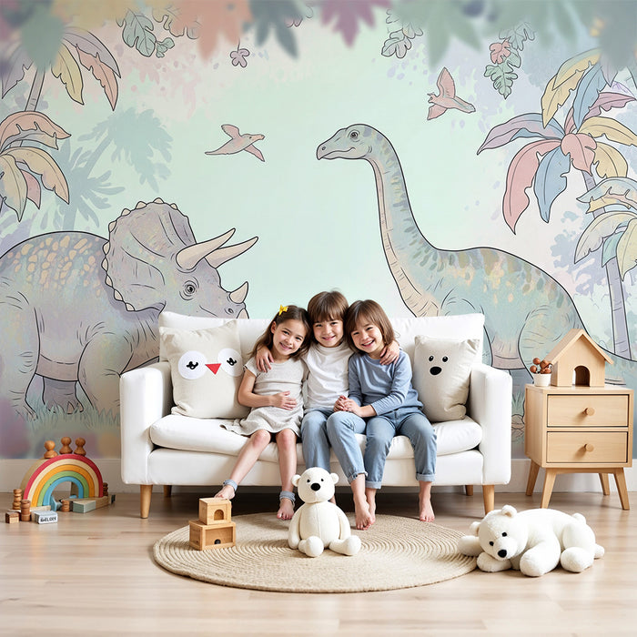 Kids room wallpaper | Barviti dinozaver v tropski džungli