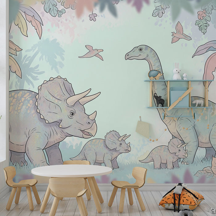 Kids room wallpaper | Barviti dinozaver v tropski džungli