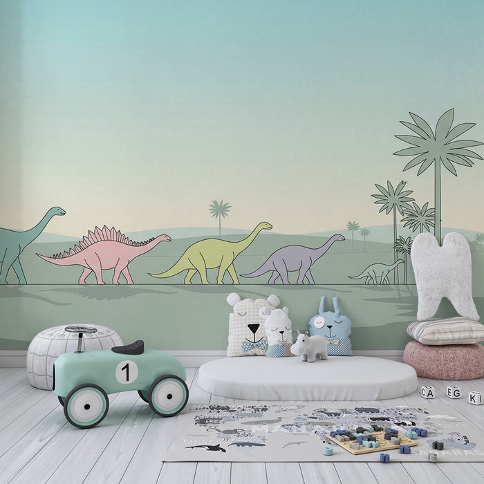 Detská izba tapeta | Farebný dinosaurus a upokojujúci praveký krajina