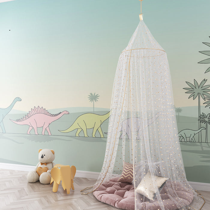 Detská izba tapeta | Farebný dinosaurus a upokojujúci praveký krajina