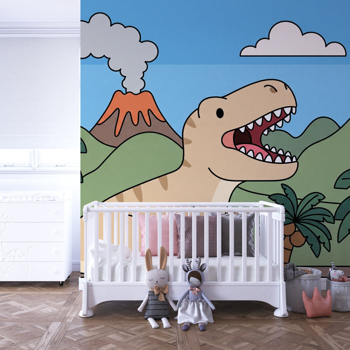 Kids room wallpaper | Dinosaur happy in a prehistoric landscape