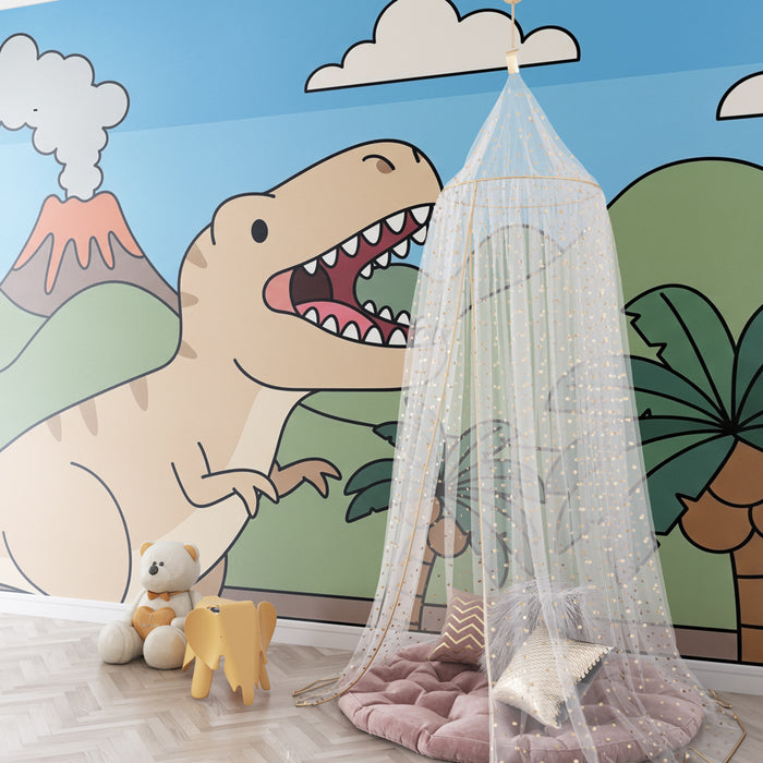 Kids room wallpaper | Dinosaur happy in a prehistoric landscape