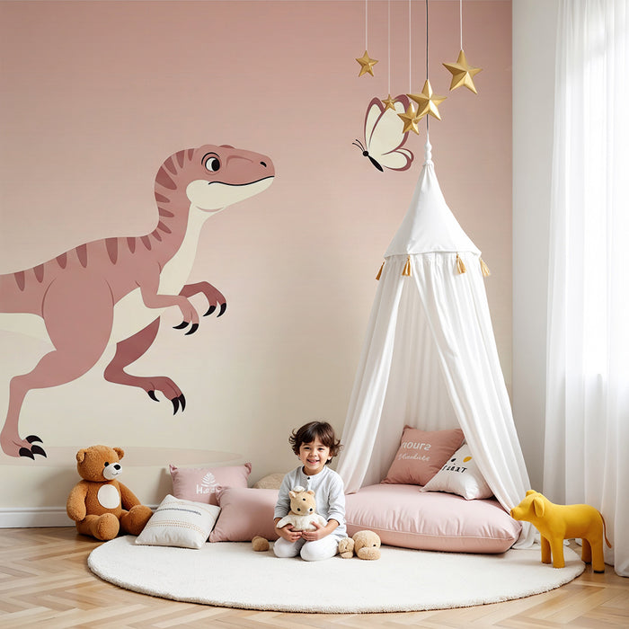 Kids room wallpaper | Curious dinosaur and butterfly in a soft setting