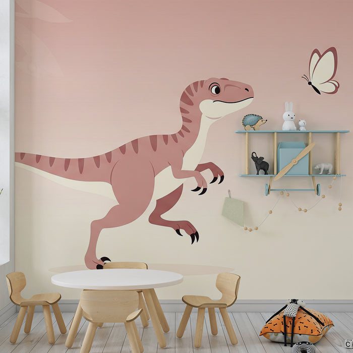 Kids room wallpaper | Curious dinosaur and butterfly in a soft setting