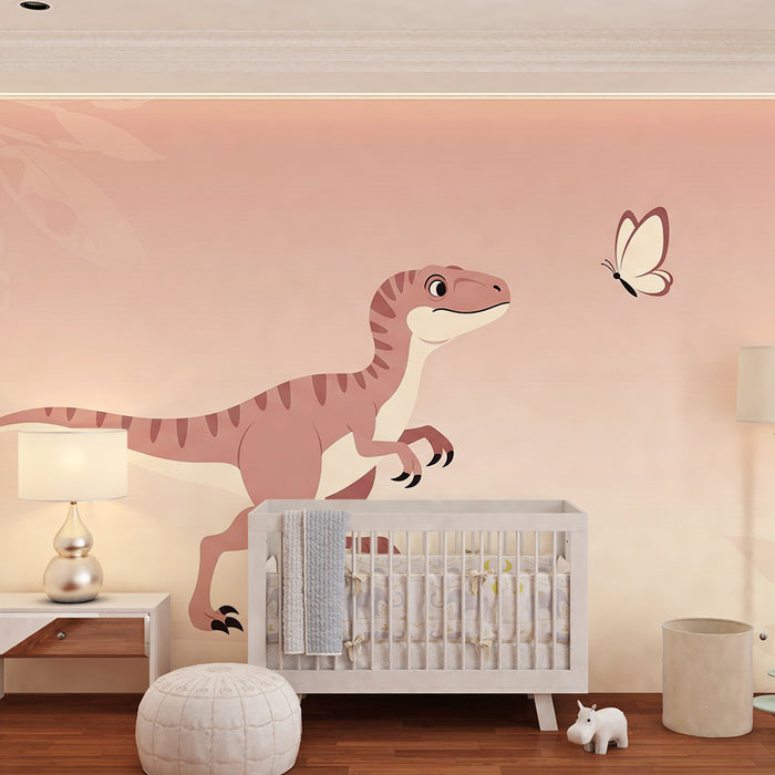 Kids room wallpaper | Curious dinosaur and butterfly in a soft setting