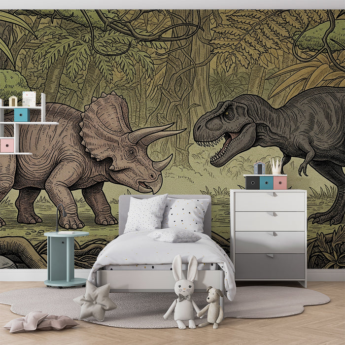 Lastenhuoneen tapetti | Dinosauruksia esihistoriallisessa viidakossa Triceratopsin ja Tyrannosauruksen kanssa