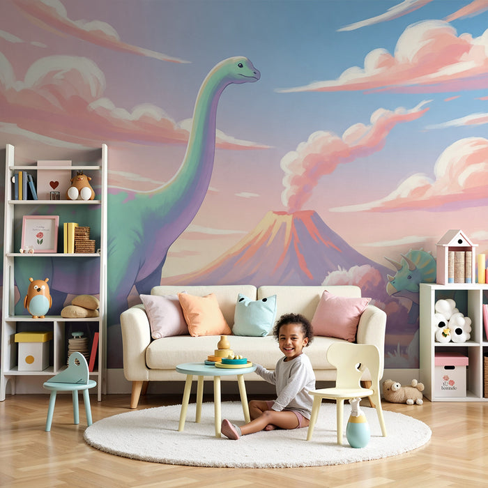 Tapety dla dzieci | Dinozaur w pastelowym prehistorycznym krajobrazie