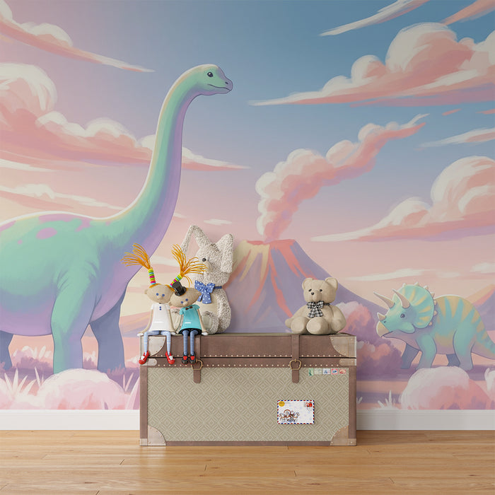 Tapety dla dzieci | Dinozaur w pastelowym prehistorycznym krajobrazie