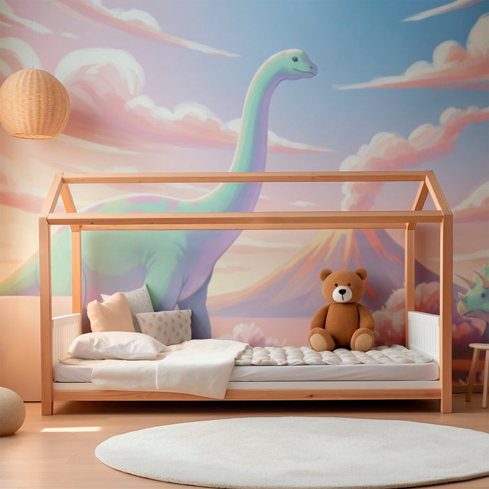 Tapety dla dzieci | Dinozaur w pastelowym prehistorycznym krajobrazie