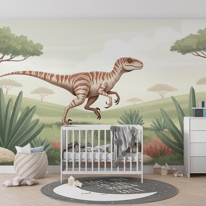 Tapety dla dzieci | Dinozaur biegnie w prehistorycznym krajobrazie