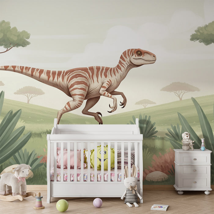 Tapety dla dzieci | Dinozaur biegnie w prehistorycznym krajobrazie