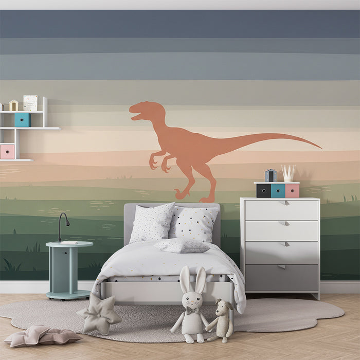 Kinderzimmer Tapete | Dinosaurier in Silhouette über einer Pastelllandschaft