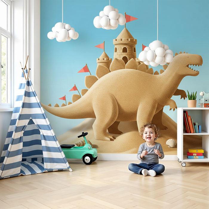 Børneværelse tapet | Dinosaur og sandborg på blå baggrund