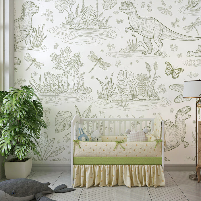 Papel de parede criança | Dinossauro e natureza com padrões delicados