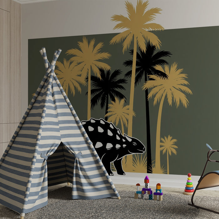 Dětská pokojová tapeta | Dinosaurus a palmy v uklidňující tropické výzdobě