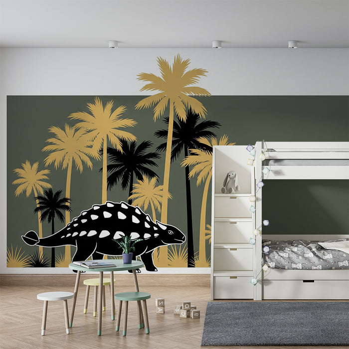 Dětská pokojová tapeta | Dinosaurus a palmy v uklidňující tropické výzdobě