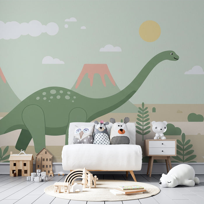 Papel de parede criança | Dinossauro e paisagem pré-histórica