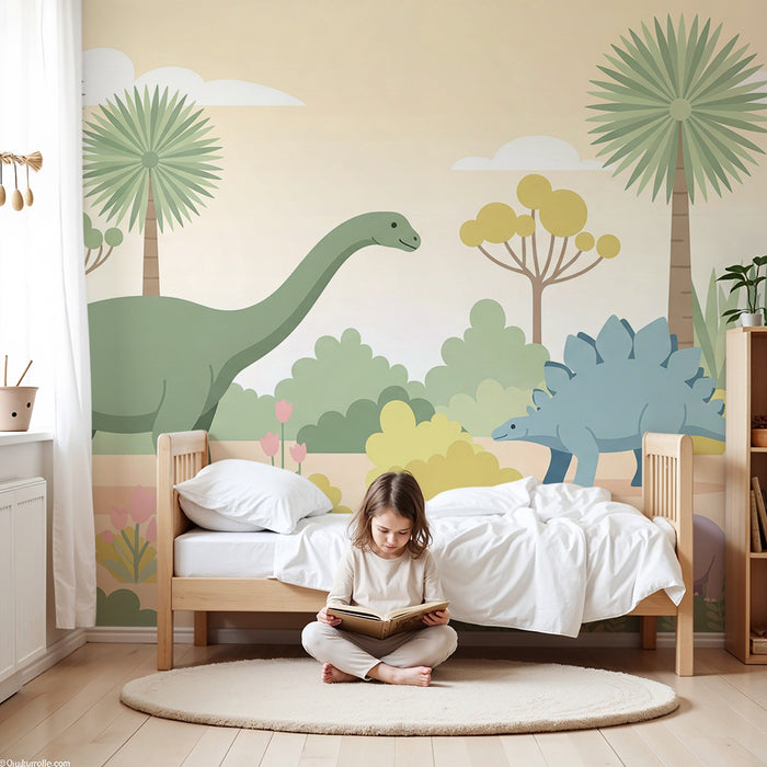 Kinderkamer behang | Dinosaurus en kleurrijk prehistorisch landschap