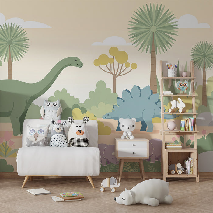 Kinderkamer behang | Dinosaurus en kleurrijk prehistorisch landschap