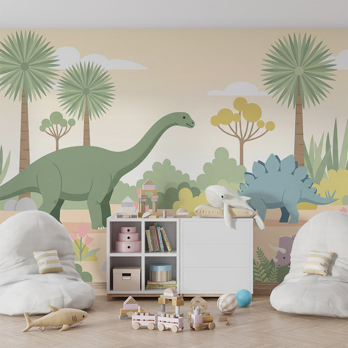 Kinderkamer behang | Dinosaurus en kleurrijk prehistorisch landschap