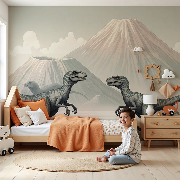 Lastenhuoneen tapetti | Dinosauruksia ja esihistoriallisia maisemia majesteettisine tulivuorineen