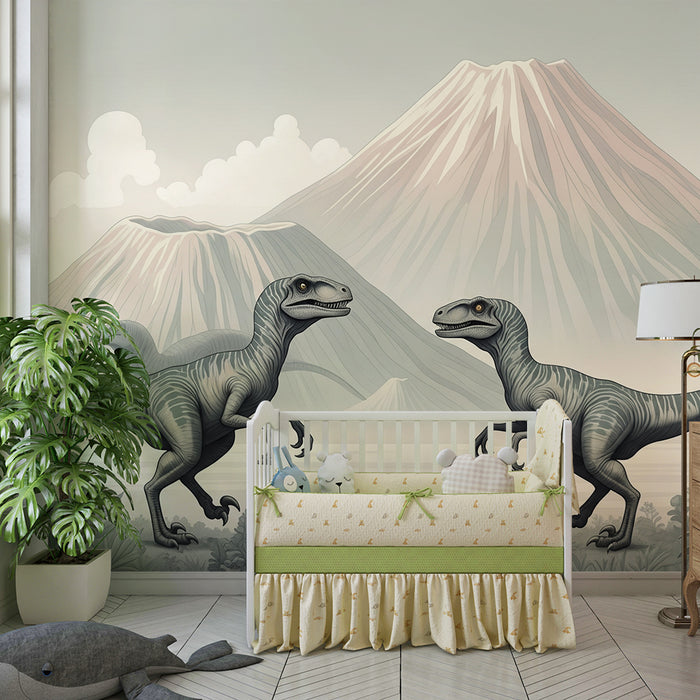 Lastenhuoneen tapetti | Dinosauruksia ja esihistoriallisia maisemia majesteettisine tulivuorineen