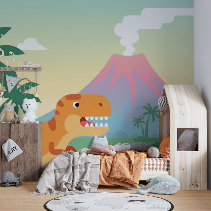 Barntapet | Dinosaurie och vulkan vid solnedgången