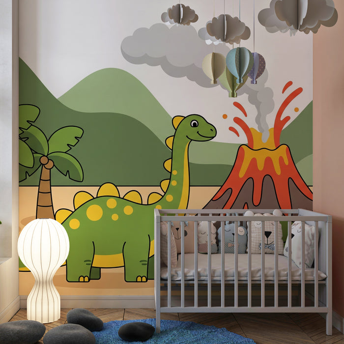 Carta da parati bambini | Dinosauro e vulcano colorato