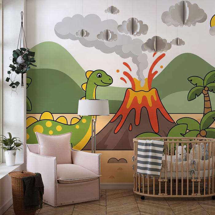 Carta da parati bambini | Dinosauro e vulcano colorato