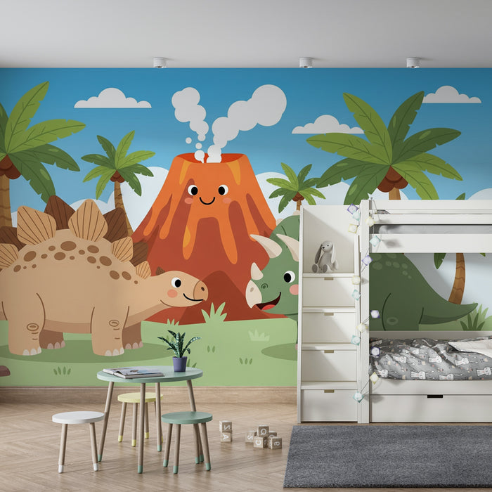 Kinderzimmer Tapete | Fröhliche Dinosaurier und Vulkane