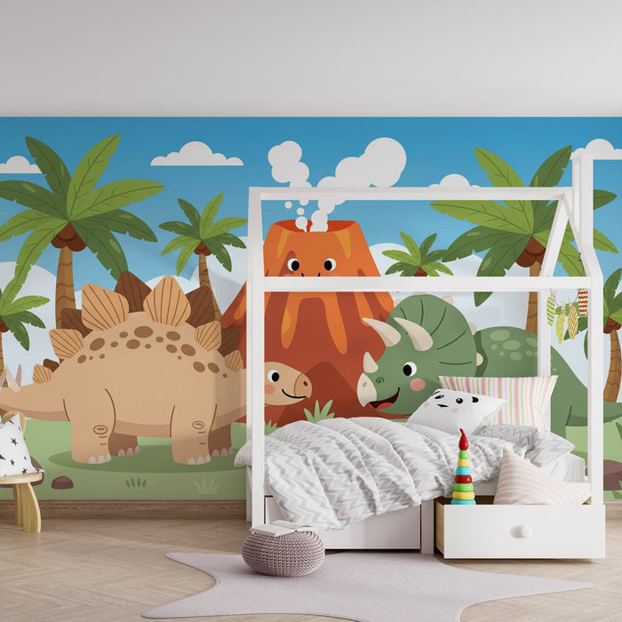 Kinderzimmer Tapete | Fröhliche Dinosaurier und Vulkane