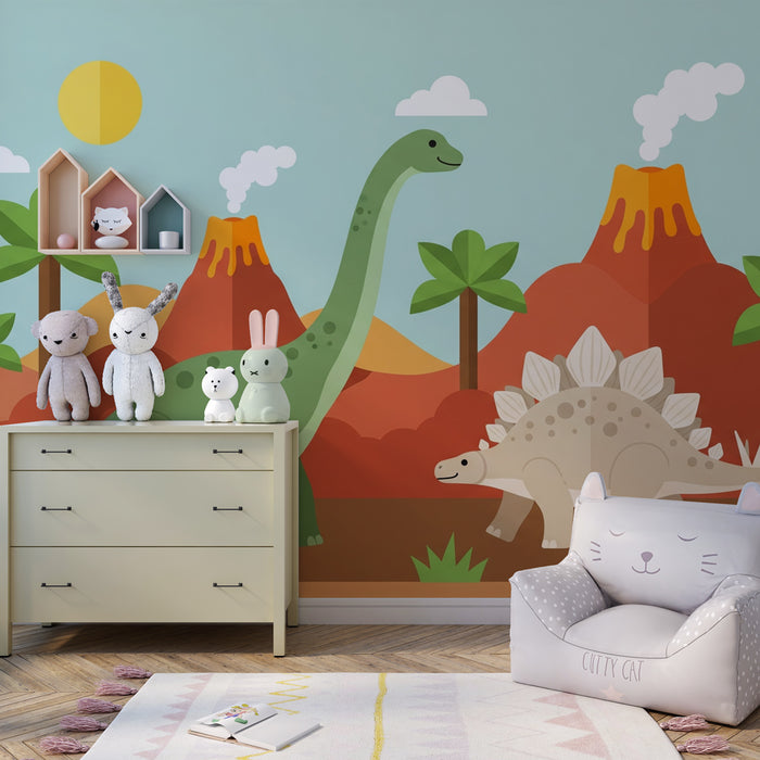 Kinderzimmer Tapete | Bunte Dinosaurier und Vulkane
