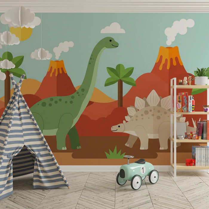 Kinderzimmer Tapete | Bunte Dinosaurier und Vulkane