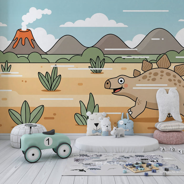 Papel de parede criança | Dinossauro feliz e paisagem pré-histórica