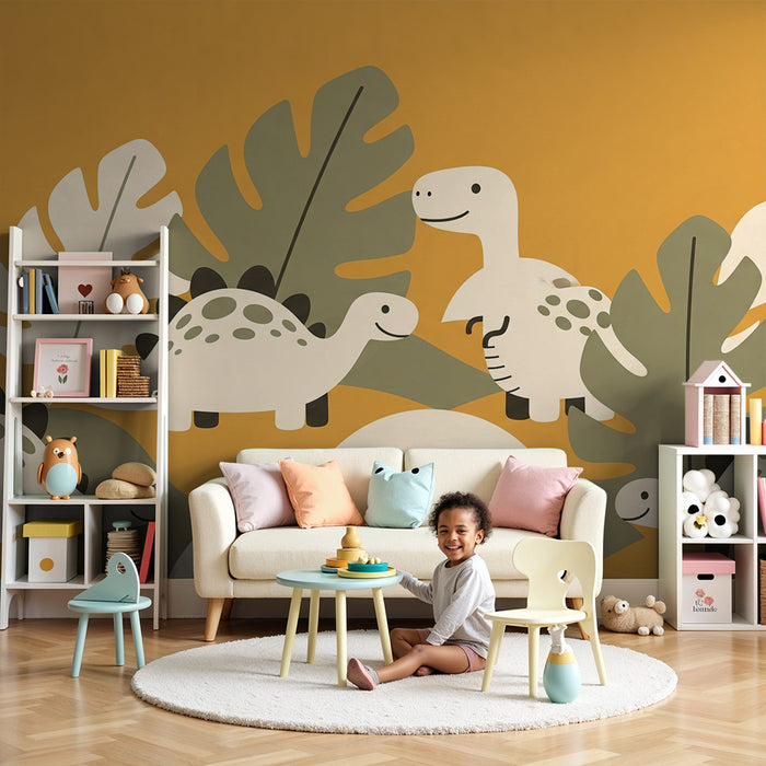Papier peint chambre enfant | Dinosaure joyeux au milieu de feuillages exotiques