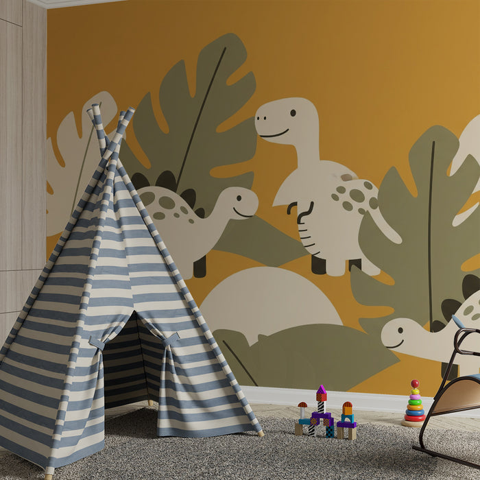 Papier peint chambre enfant | Dinosaure joyeux au milieu de feuillages exotiques