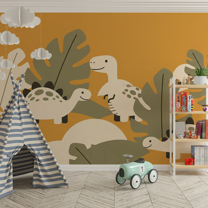 Papier peint chambre enfant | Dinosaure joyeux au milieu de feuillages exotiques