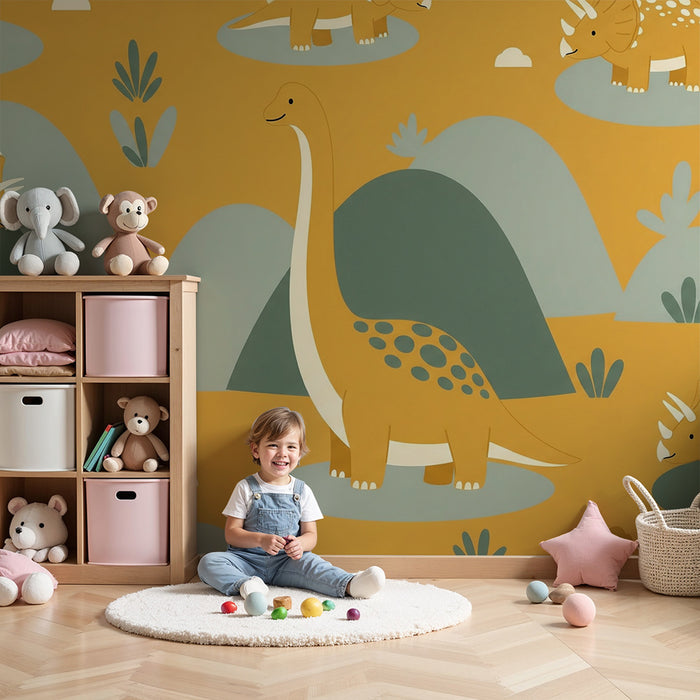 Papier peint chambre enfant | Dinosaure joyeux dans un paysage coloré