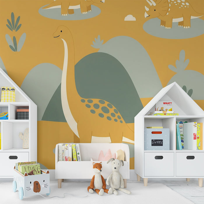 Papier peint chambre enfant | Dinosaure joyeux dans un paysage coloré