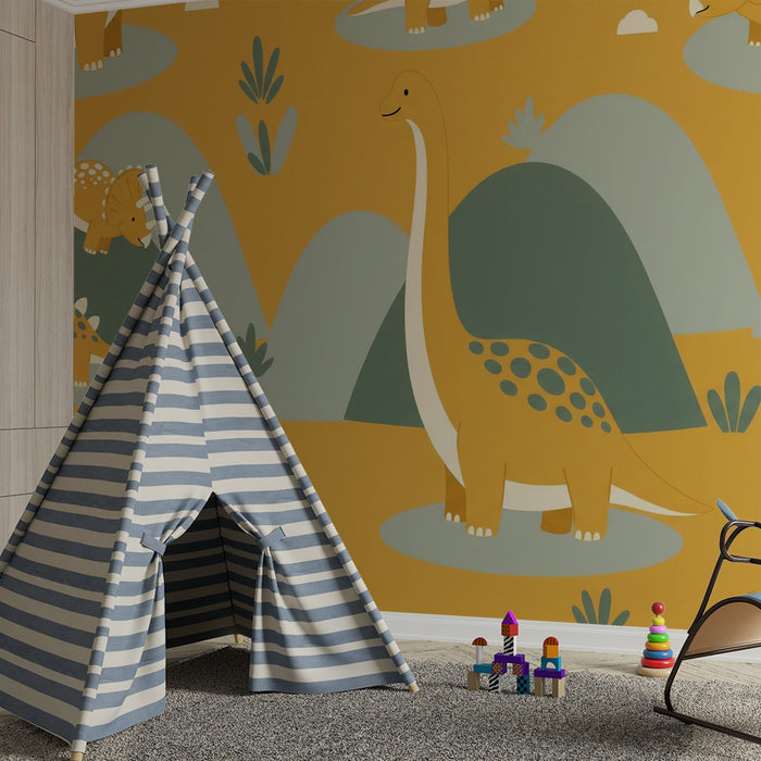 Papier peint chambre enfant | Dinosaure joyeux dans un paysage coloré