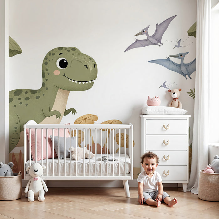 Papel de parede para quarto infantil | Dinossauro feliz numa paisagem pré-histórica