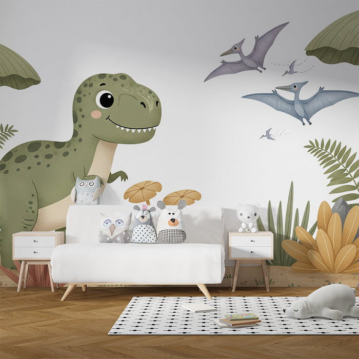 Papel de parede para quarto infantil | Dinossauro feliz numa paisagem pré-histórica