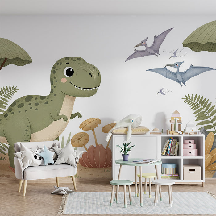 Papel de parede para quarto infantil | Dinossauro feliz numa paisagem pré-histórica