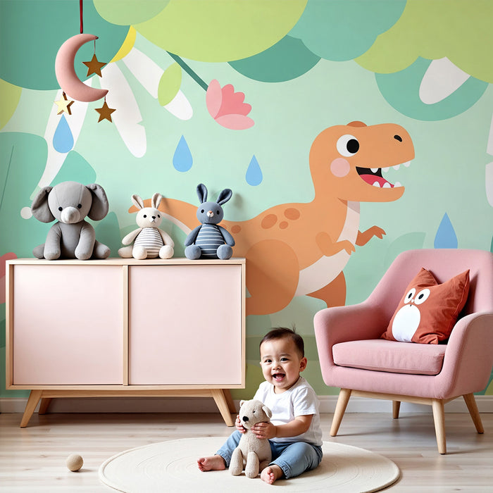 Gyerekszoba tapéta | Boldog dinoszaurusz egy színes dzsungelben