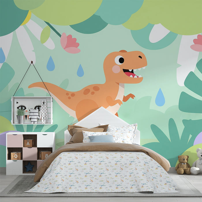 Gyerekszoba tapéta | Boldog dinoszaurusz egy színes dzsungelben
