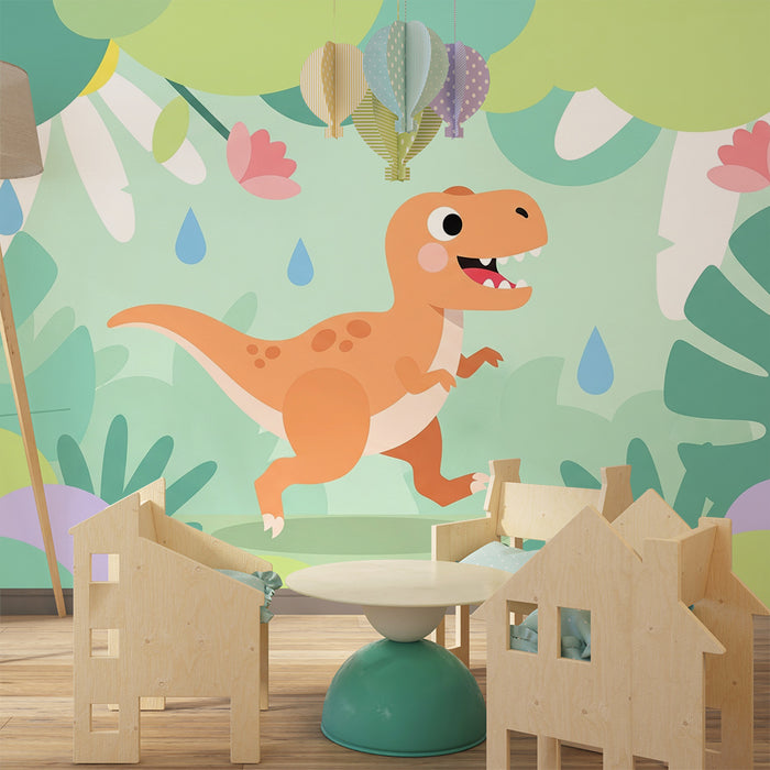 Gyerekszoba tapéta | Boldog dinoszaurusz egy színes dzsungelben
