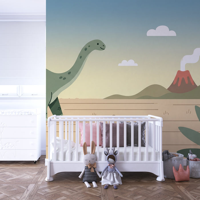 Kids room wallpaper | Happy dinosaur and volcano