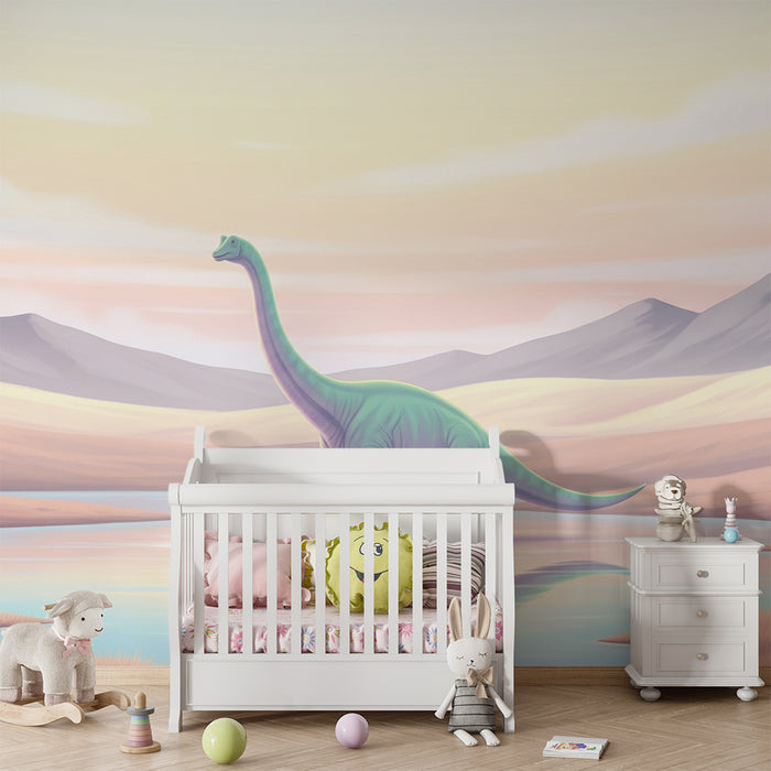 Kinderzimmer Tapete | Majestätischer Dinosaurier am Ufer eines ruhigen Sees